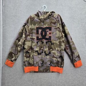 DC Shoes Men Jacket M Green Camo Snowboarding Logo Hooded Fleece Thumbholes